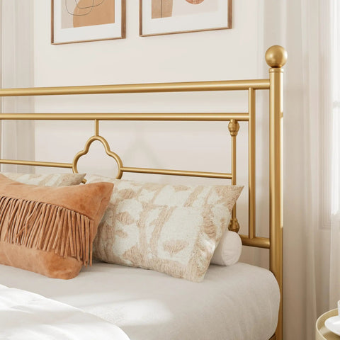 Queen Size Metal Platform Bed Frame Featuring Victorian Headboard With Gold Metallic Finish Heavy Duty Steel Slats Zero Box Spring Necessary Built Straight Up Solid For Premium Bedroom Vibes with cushions