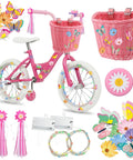 Pink kids bike with accessories set including flower bell, basket, streamers, and butterfly decorations.