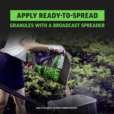 Person spreading Quick Kill Lawn Insect Killer Granules 10 lb Black Label with a broadcast spreader on grass.