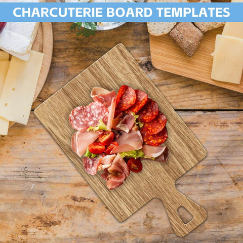 Six Piece Charcuterie Board Template Set and cured meats on wooden board, clear acrylic router templates for woodworking use.