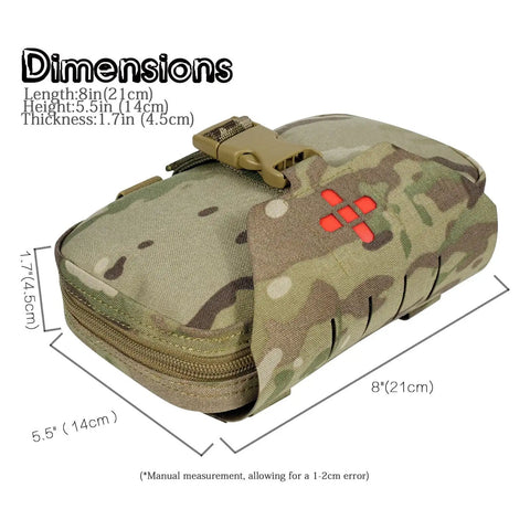 Rapid Deployment MOLLE Trauma First Aid Pouch Grab And Go Ready Quick Release Tear Off System Red Identification For Emergency Survival Medical Kit Organizer And Tactical Gear Accessory, camo pattern, dimensions labeled
