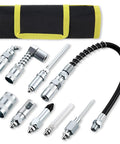 9 Piece Grease Gun Couplers Quick Connect Kit With 12 Inch Flex Hose And Roll Up Case Universal One Eighth Inch NPT Threads