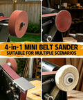 Hella Versatile Mini Belt Sander And Four In One Compact Grinder With Polishing Wheel And Sanding Disc For Knife Making Woodworking And Top Shelf Diy Repair Twenty By One Point Two Inch Belt with polishing wheel and sanding disc.