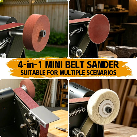 Hella Versatile Mini Belt Sander And Four In One Compact Grinder With Polishing Wheel And Sanding Disc For Knife Making Woodworking And Top Shelf Diy Repair Twenty By One Point Two Inch Belt with polishing wheel and sanding disc.