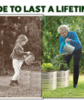 Galvanized Raised Garden Bed Outdoor 3x3x1 Ft Planter for Vegetables and Flowers, elderly woman watering plants in garden