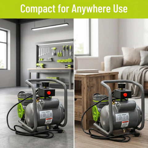 Powerful 1.5HP Oil-Free Portable Air Compressor With Two Gallon Tank Great For Tire Inflation And Garage Projects Quiet Operation Makes It Perfect For Home DIY Tasks And Workshop Use On A Standard 110V Outlet For Easy Setup And Reliable Performance Every