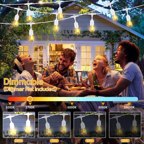 People enjoying Go To Outdoor String Lights 100Ft With 32 Dimmable Shatterproof 1W Bulbs For Wedding Pergola Gazebo Patio Bistro Backyard Deck Easy Install Cozy Warm White LEDs Built In Leader Cord Weatherproof glowing on patio