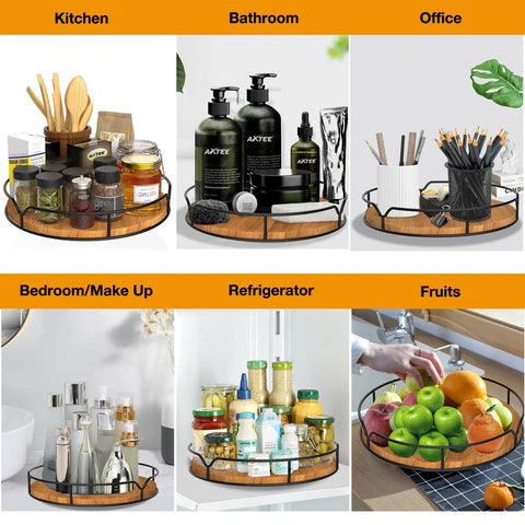 9 Inch Lazy Susan Turntable Organizer in Carbonized Black Pine Wood Finish for kitchen, bathroom, office, and more