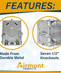 Heavy Duty 2.5 Inch Deep One Gang Metal Switch Box Haul Featuring Solid Four Pack Build With Seven Knockouts And MC Cable Clamps For Slick Electrical Wiring Jobs Around Town close-up of features side by side showing metal design and knockouts.