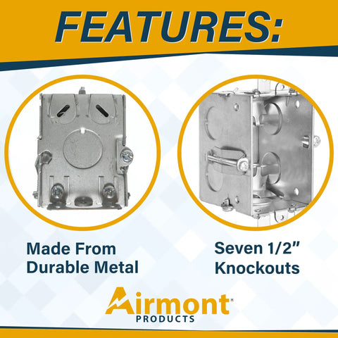 Heavy Duty 2.5 Inch Deep One Gang Metal Switch Box Haul Featuring Solid Four Pack Build With Seven Knockouts And MC Cable Clamps For Slick Electrical Wiring Jobs Around Town close-up of features side by side showing metal design and knockouts.