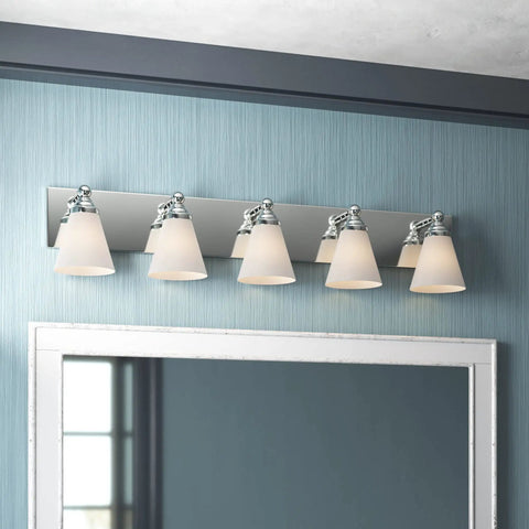 Hudson 5 Light Bathroom Vanity Fixture In Chrome With White Opal Glass Damp Rated For Bathrooms above mirror