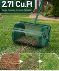 Heavy Duty Workhorse 24 Inch Compost Spreader with Push and Tow Handle on lawn, showing spreading process and before-after results.