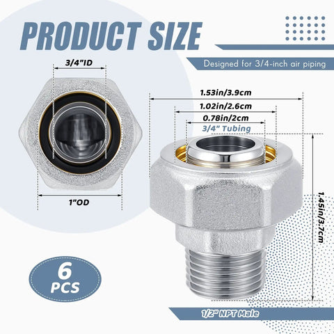 Six Pack Straight Air Piping Fittings Three Quarters Inch By One Half Inch Brass Nickel Plated 200 Psi Pro Grade Tubing Fittings Kit image