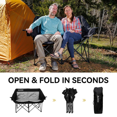 Two Person Oversized Camping Chair Loveseat For Adults Heavy Duty Folding Outdoor Couch Black Portable for campsite use