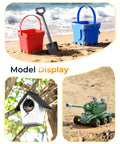 Collage of outdoor toys: red and blue sand buckets with a shovel, bird feeder, and green toy tank on sand
