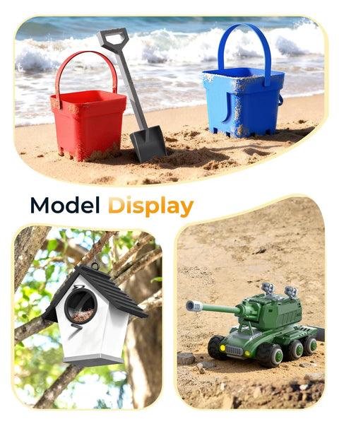 Collage of outdoor toys: red and blue sand buckets with a shovel, bird feeder, and green toy tank on sand