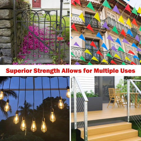 Collage showing uses of 3Mm Stainless Steel Security Cable For Luggage And Bike Locks Go To Double Loop Flexible Wire Rope 4Ft 6Ft 10Ft 15Ft Black 2 Pack Heavy Duty Cable Lock Wire; gate, flags, lights, railing.