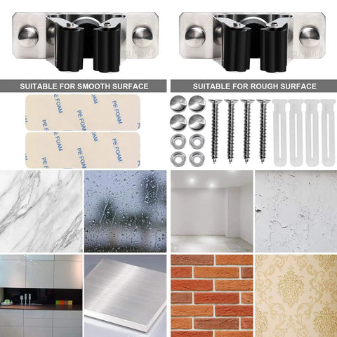 Installation options for Heavy Duty Stainless Steel Mop And Broom Holder Wall Mount 2 Pack Broom Hanger Organizer with surface suitability guide.