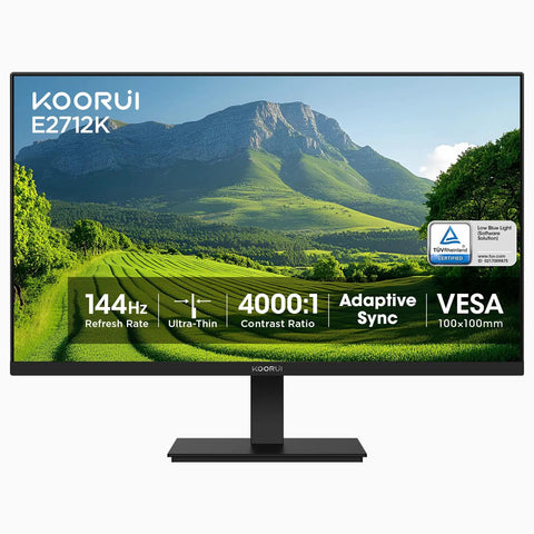 Front view of 27 Inch Dope Gaming Monitor With 144Hz VA Panel, Ultra Smooth FreeSync, 4000 To 1 Contrast, Full HD 1080p, Eye Care TÜV Rheinland Certified, Slim Bezel Design, HDMI And VGA Ports, Ergonomic Tilt, VESA Mount, Black.