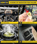 4 signs of radiator fan failure showing fan, blown fuse, boiling coolant, and weak AC air conditioning.