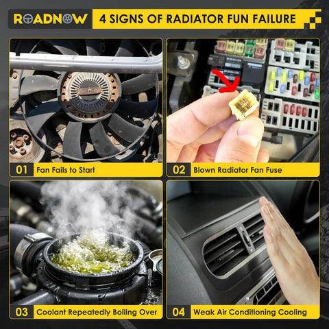 4 signs of radiator fan failure showing fan, blown fuse, boiling coolant, and weak AC air conditioning.