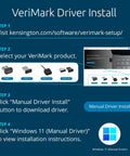 Driver installation steps for VeriMark Desktop USB Fingerprint Reader for PC, Windows Hello Ready shown on blue background.