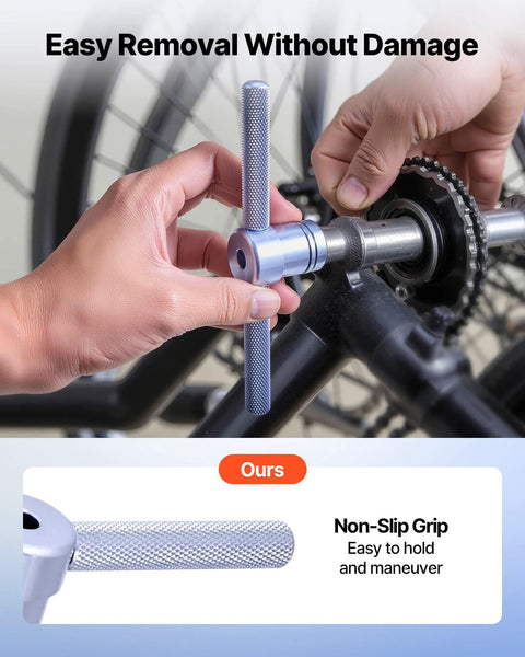 Bicycle bearing press tool with blue knurled aluminum handle being used to install a bike hub bearing