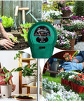 3 In 1 Soil Moisture Light And pH Tester Battery Free Gardening Tool shown in varied garden settings and houseplant care.
