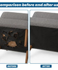 Kick Sag To The Curb With This Boss Level Spring Repair Kit Featuring A Pro Sofa Stretcher visible in before and after sofa repair image.