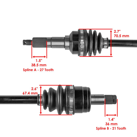 Front Left And Right CV Axle Set For Yamaha Big Bear 400 YFM400F 2002 2003 2004 2005 2006 4x4 Quad Replacement Includes Complete Front Axles With 528mm Length And 27 Tooth Spline For Easy Install. CV axle end details with 27-tooth and 21-tooth splines, 38.5 mm and 36 mm ends.