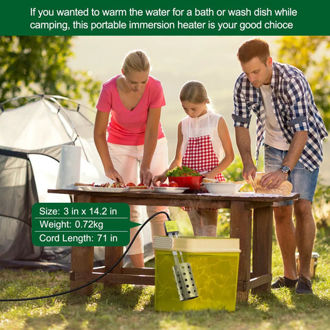 Camping scene with family using 1500W Immersion Water Heater For Buckets Submersible 304 Stainless Steel Guard With Thermostat And Auto Shutoff 120V.