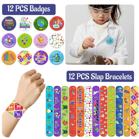Totally Cool 98 Piece Science Party Favors Bundle with badges, slap bracelets, and child in lab coat for themed events.