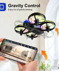 Kid Friendly Camera Drone For Indoor Flying, No Brainer Beginner Mini Quad, shown with remote control and propeller guards