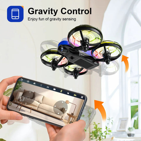 Kid Friendly Camera Drone For Indoor Flying, No Brainer Beginner Mini Quad, shown with remote control and propeller guards