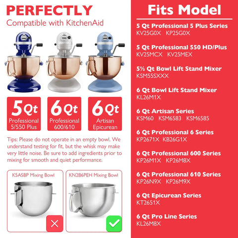 Image showing mixer compatibility chart for Heavy Duty 6-Wire Stainless Steel Whisk for 6 Qt Bowl-Lift Stand Mixers.
