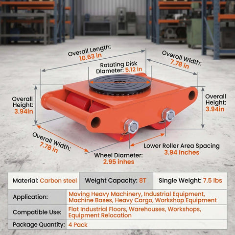 Heavy Duty Machinery Dolly For Industrial Equipment, Reinforced Carbon Steel Cart With 360 Degree Swivel And Four Large Casters, Durable Mobility For Concrete, Gravel, And Uneven Floors, Warehouse Moving And Heavy Load Transport, 8T