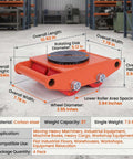 Heavy Duty Machinery Skate Dolly Set With 360 Degree Swivel For Industrial Movers And 4 Large Carbon Steel Casters Built To Move Milling Machines In Factories And Warehouses, orange carbon steel dolly dimensions shown