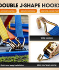 Tough As Nails 2 Inch Ratchet Straps with dual J-hooks, blue polyester webbing showcasing secure fastening features.