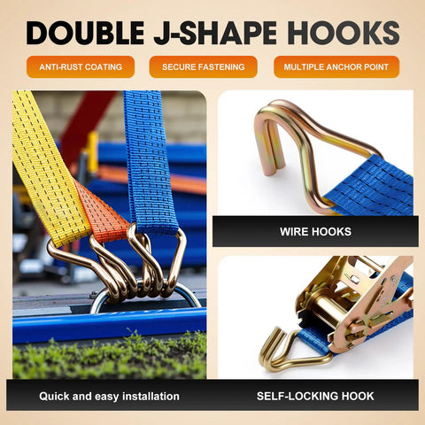 Tough As Nails 2 Inch Ratchet Straps with dual J-hooks, blue polyester webbing showcasing secure fastening features.