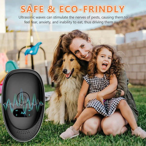 Advanced Ultrasonic Pest Repeller Indoor For Spiders Bugs Roaches Rats And Mice Plug In Rodent And Insect Deterrent For Home beside family with dog outdoors