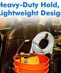 Heavy Duty Headrest Hooks for Trucks and Cars holding tools and cable on a seat back organizer, shown installed in a vehicle interior.