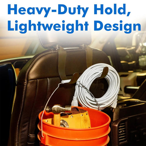 Heavy Duty Headrest Hooks for Trucks and Cars holding tools and cable on a seat back organizer, shown installed in a vehicle interior.