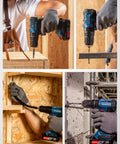 Heavy Hitter 20V Brushless Impact Drill Generating 443 In Lbs Torque And 27000 Ipms 1 2 Inch Keyless Metal Chuck in use on various materials.