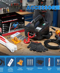 Front view of a black 3-in-1 electric hoist winch with red hook and wireless/cable remotes, 110/120V