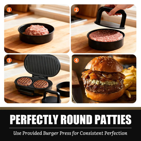FineMade Double Mini Grill Maker burger patty mold creating round patties with easy press, ideal for quick meals.