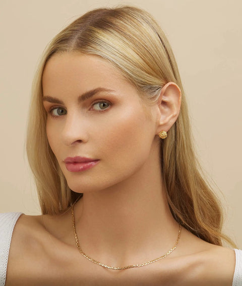 18K Gold Plated Woven Love Knot Stud Earrings For Women, 10mm, Made In Brazil, Dainty Yet Bold Gold Tone Jewelry For Everyday Glam, Hypoallergenic Earring Set on model
