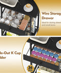 Slick Black Five Tier Coffee Cart Compact Game Changer Bar Station For Tiny Kitchens with wire storage drawer and slide-out K cup holder.