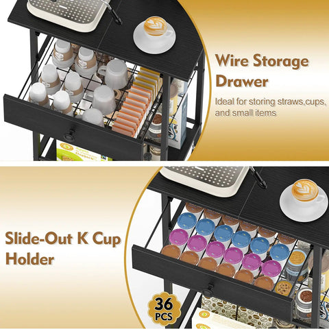 Slick Black Five Tier Coffee Cart Compact Game Changer Bar Station For Tiny Kitchens with wire storage drawer and slide-out K cup holder.