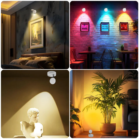 2 Pack Rechargeable LED Spotlight Kit For Indoor Use With Wireless RGB Color Lighting, Remote Control, Magnetic Battery Powered Puck Lights, Ceiling Uplight With Rotatable Head For Plants, Portraits, And Artwork installed in various indoor settings, highlighting art, plants, and decor.