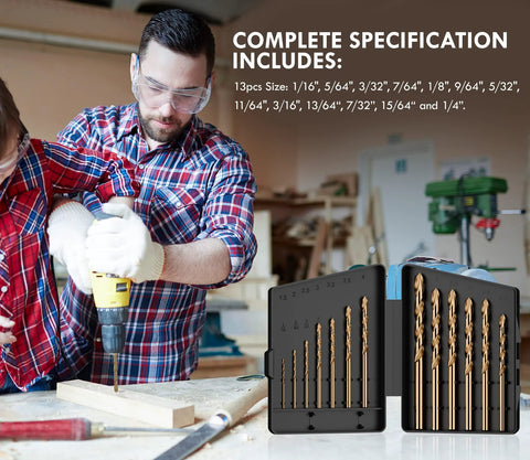 Front view of MACXCOIP cobalt drill bit set in storage case, 13 pieces, M35 HSS, sizes 1/16" to 1/4".
